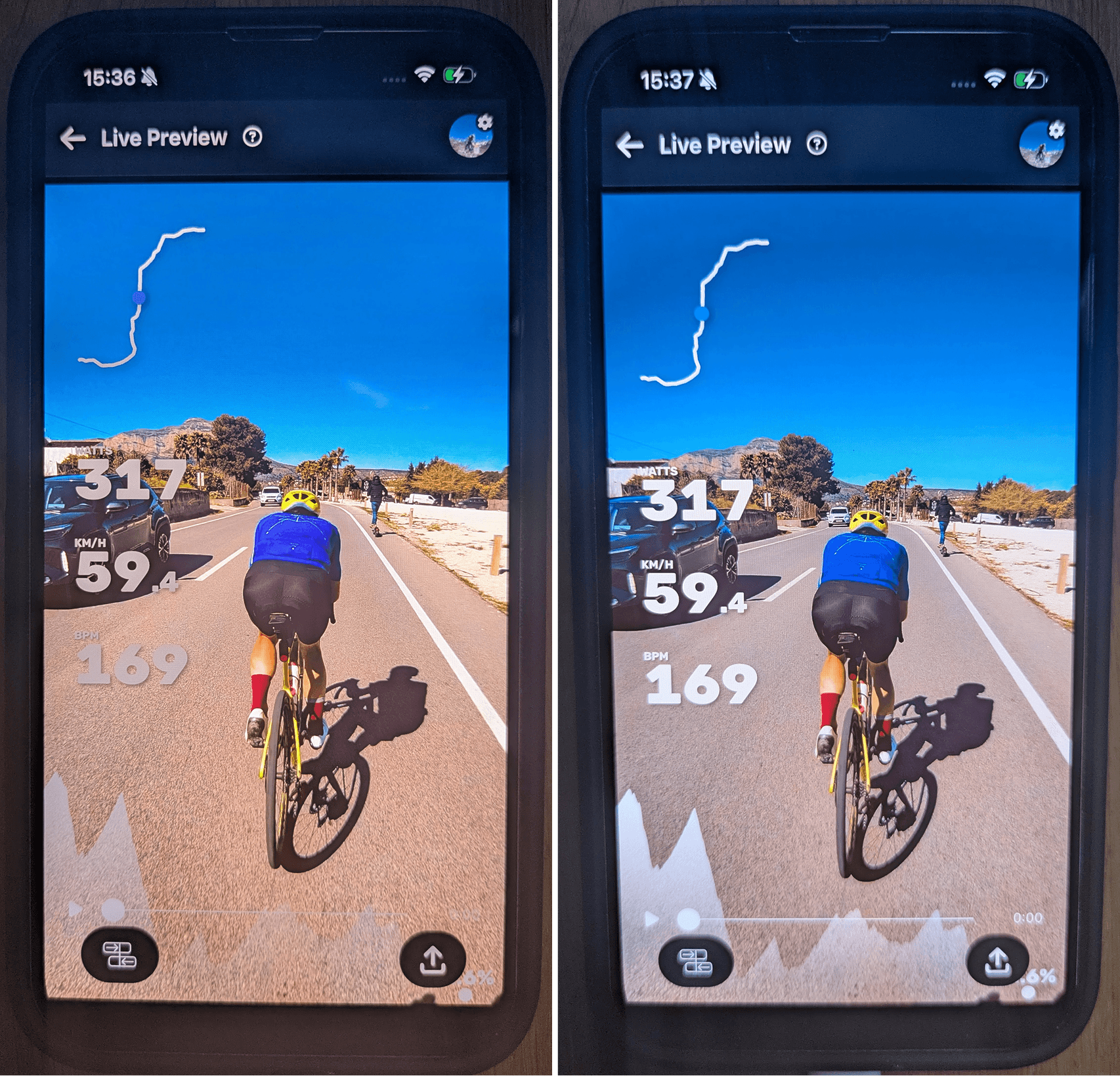 Side-by-side: HDR playback (left) and SDR playback (right) in the live preview