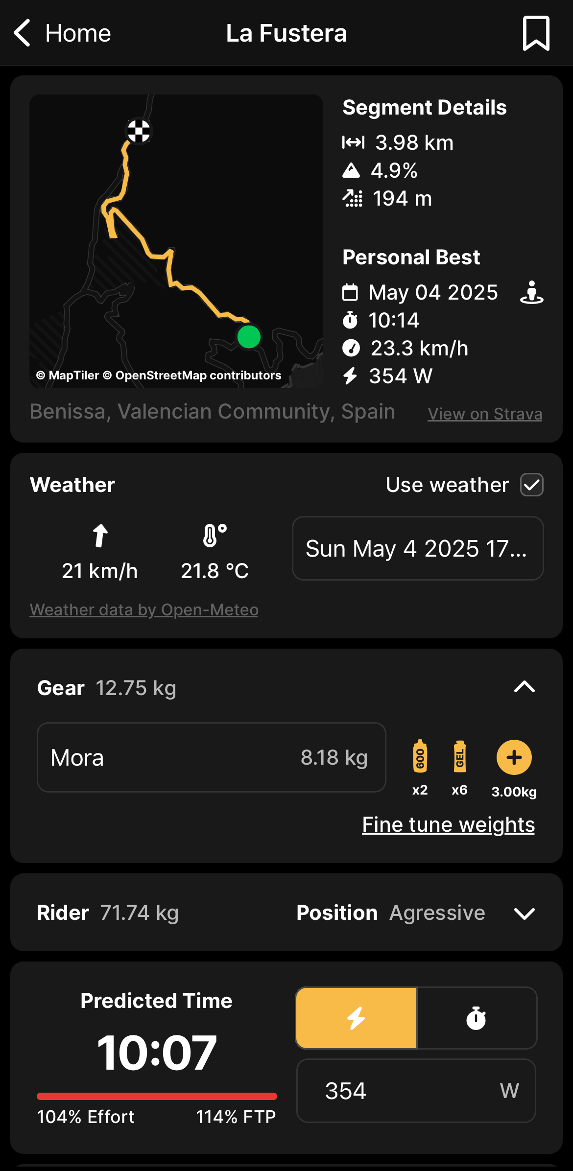 Komate climb planner for La Fustera, with the route map, weather, gear, and a predicted time